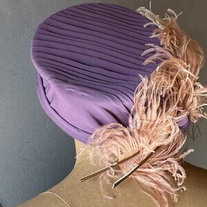 RARE Vintage Milliner's Pillbox Tilt Hat 30's 40's Amethyst with Feather